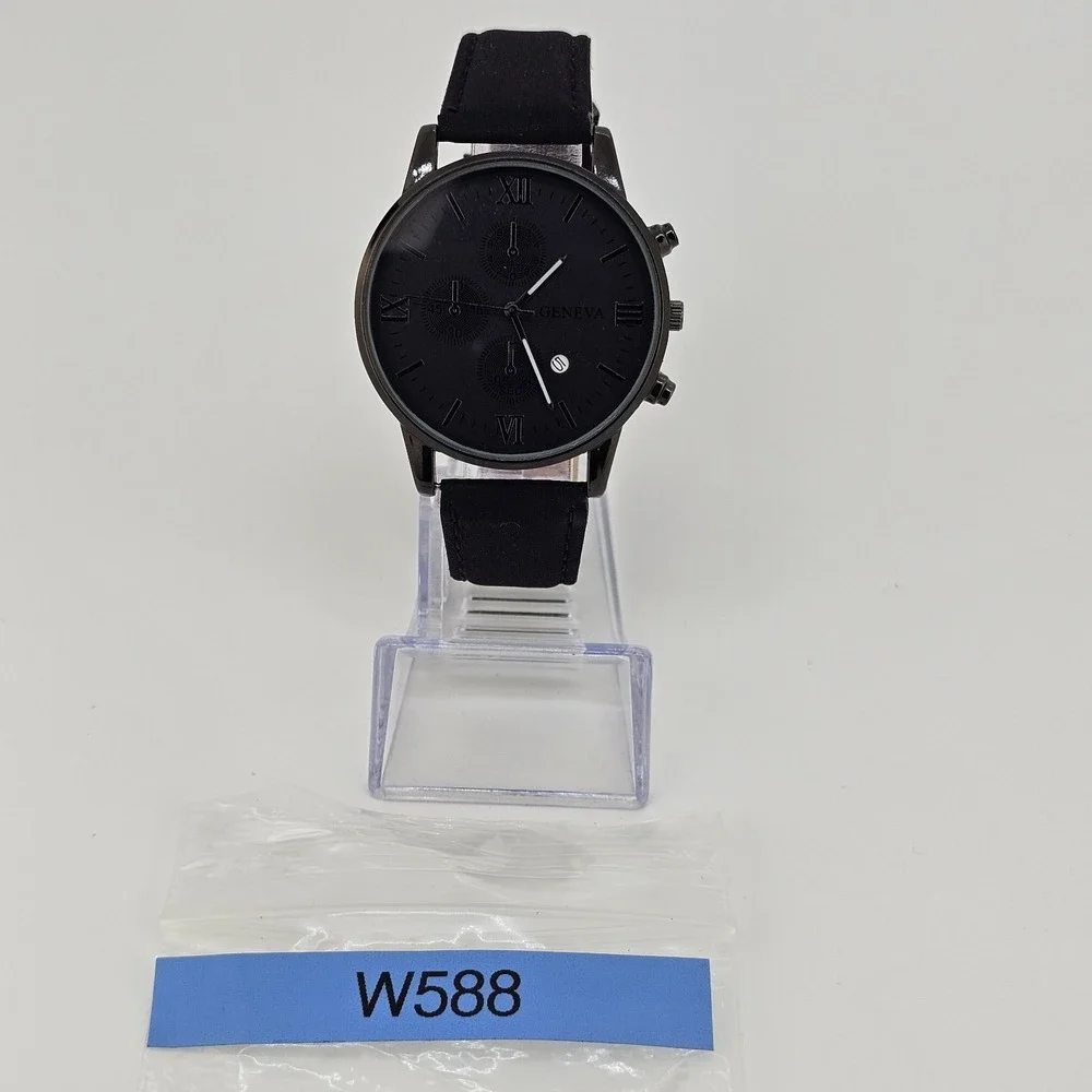 Men's Analog Watch 41MM Black Dial Date Black Faux‎ Leather Bands New Battery